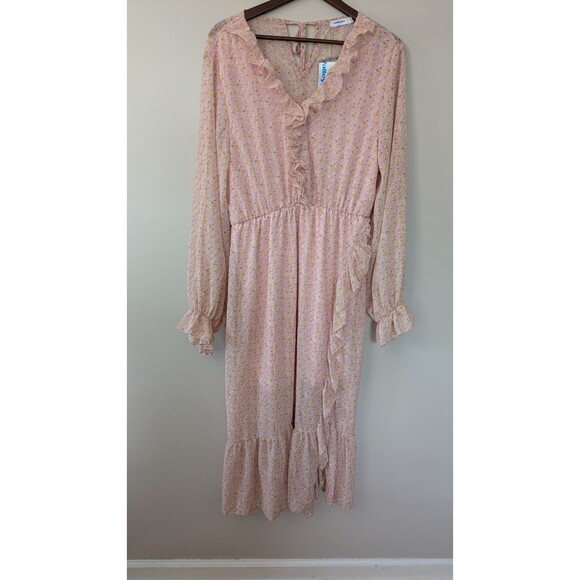 Womens Midi Dress Sz 12 Prairie Ditsy Floral Cottagecore Pink Ruffle Flounce NWT - Picture 1 of 11